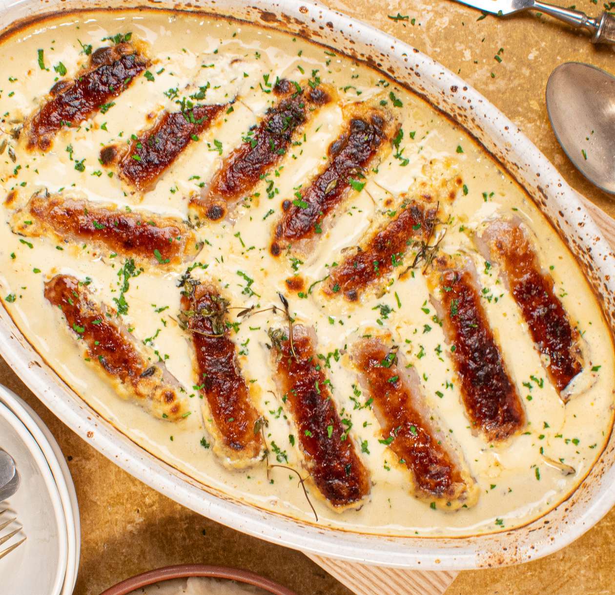 Pork Bangers baked in Mustard & Sour Cream - Georgie's Pork